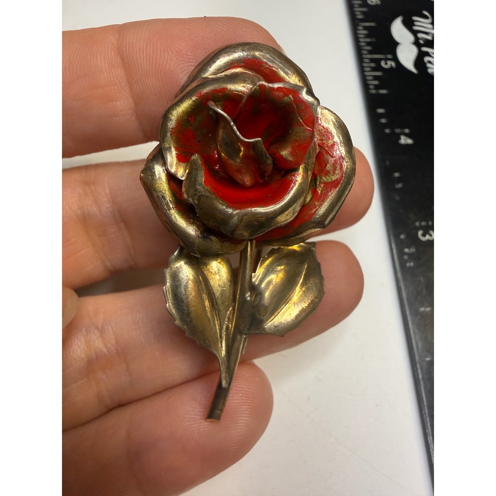 Vintage Red Enamel Rose Brooch Gold Tone Flower Pin Pendant 2.25 Inch